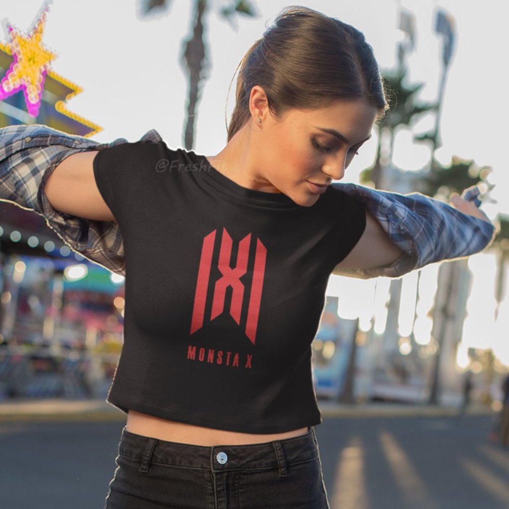 🆕Monsta X Red Logo Fan Fitted Crop Top T-Shirt Black